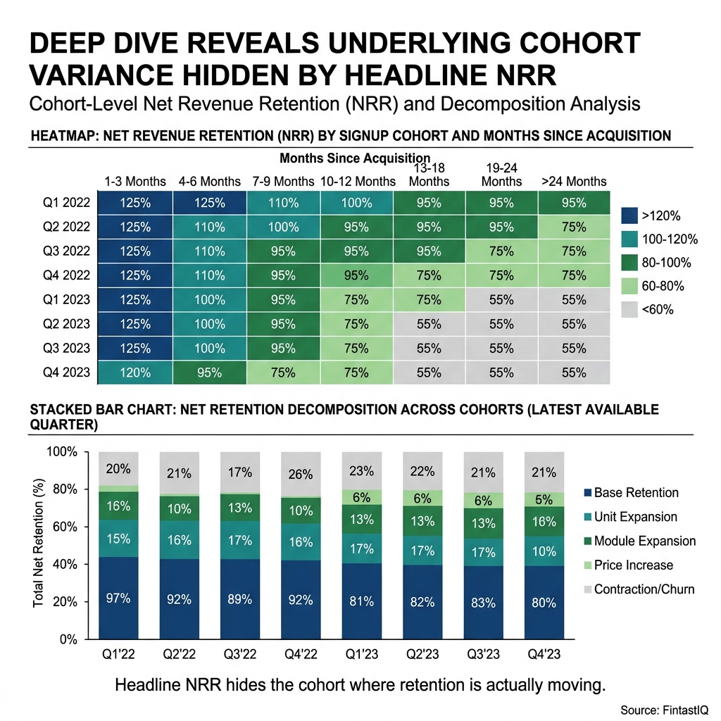 Cohort retention heatmap and decomposition